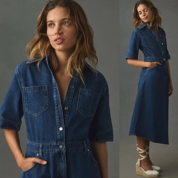 ALIGNE Mateo Short Sleeve Asymmetric Denim Midi Shirt Dress 12 Anthropologie - Picture 3 of 15